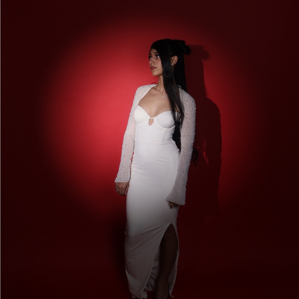 Oh Polly White Long Sleeve Beaded Maxi Dress
